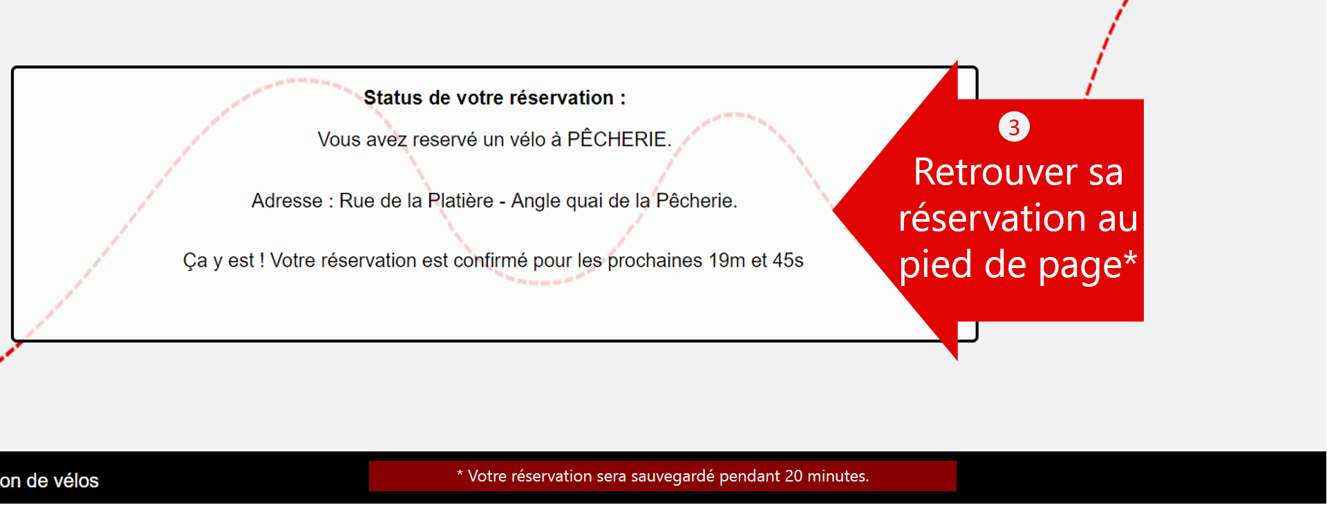3 - retrouver sa réservation au pied de page. Réservation sauvegardé pendant 20 minutes